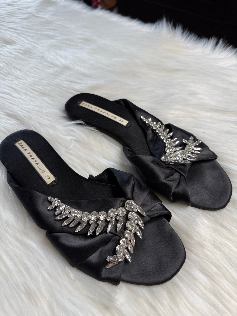 Zara Black Satin Rhinestone Embellished Slides - Picture 2 of 7